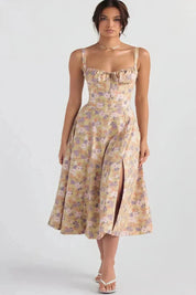 Floral Corset Midi Jurk met Split | Elegante Zomerjurk Dames
