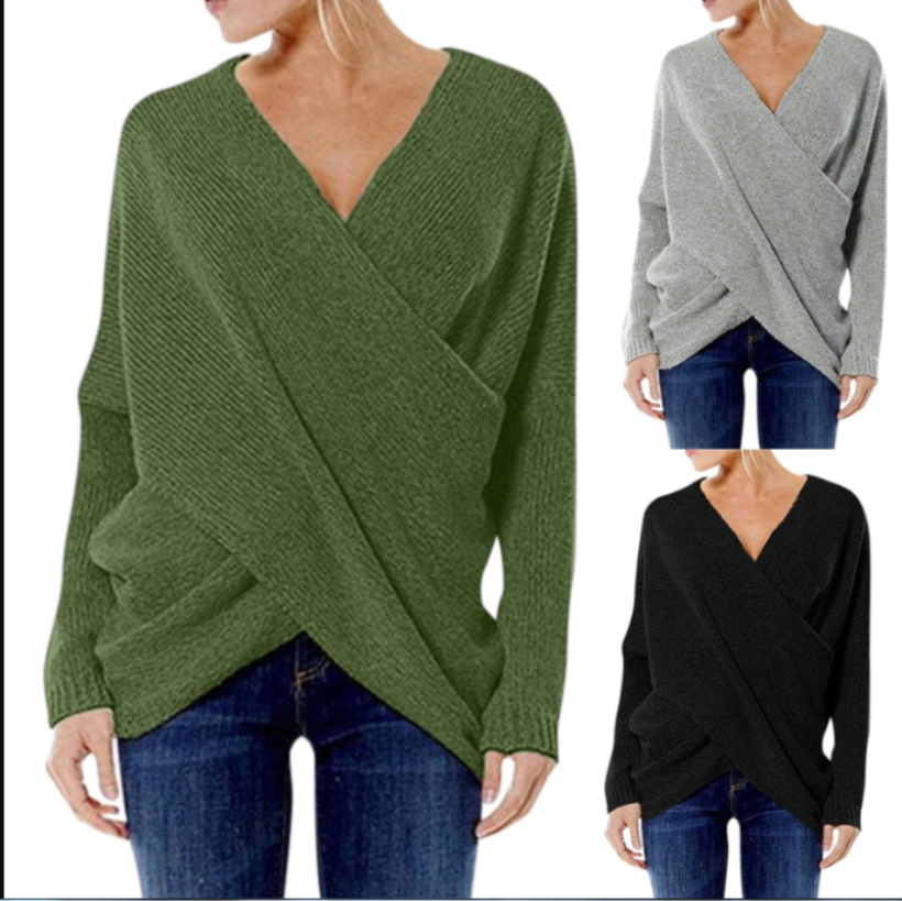 Dames Trui met Overgooi V-Hals | Gebreide Trui met Gekruist Design