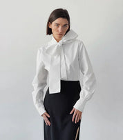 Witte Cropped Blouse Dames met Strikdetail | Lange Mouw en Hoge Kraag