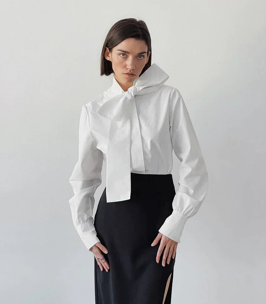 Witte Cropped Blouse Dames met Strikdetail | Lange Mouw en Hoge Kraag
