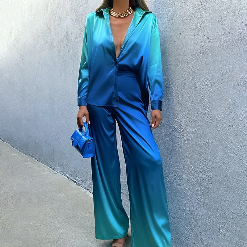 Glanzende Dames Set met Ombre Kleurovergang – Blouse en Wijde Broek