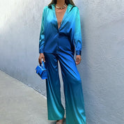 Glanzende Dames Set met Ombre Kleurovergang – Blouse en Wijde Broek