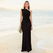Lange One Shoulder Jurk Dames – Maxi Avondjurk Bruiloft in Bruin Zwart Groen
