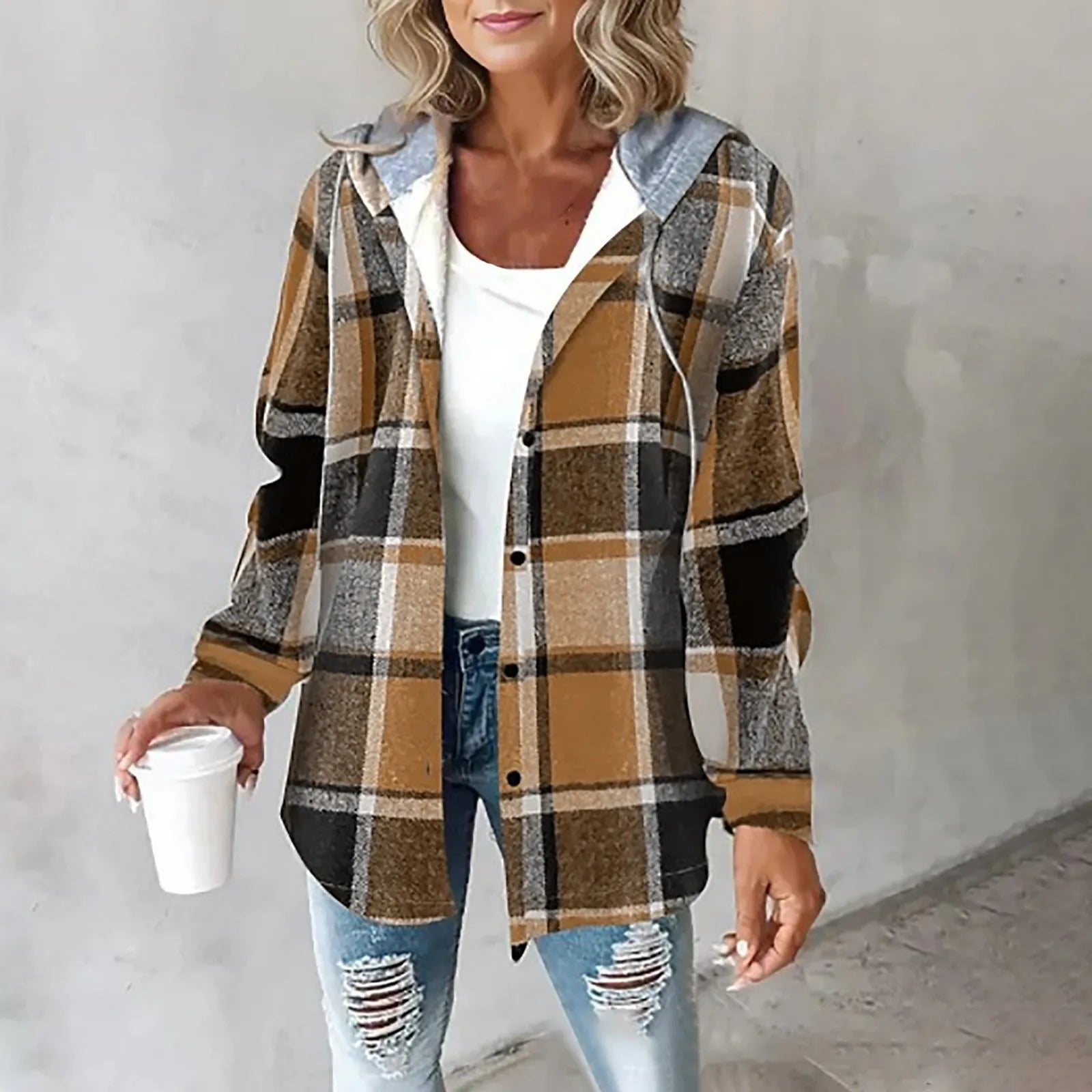 Dames Geruite Overjas met Capuchon | Lange Shacket met Lange Mouw