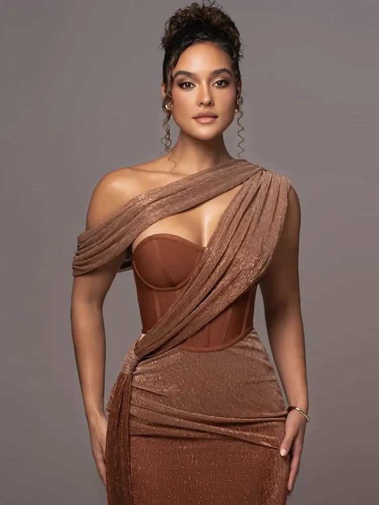 Dames getailleerde avondjurk off-shoulder - Bruin of groen