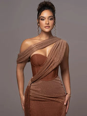 Dames getailleerde avondjurk off-shoulder - Bruin of groen