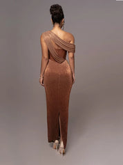 Dames getailleerde avondjurk off-shoulder - Bruin of groen