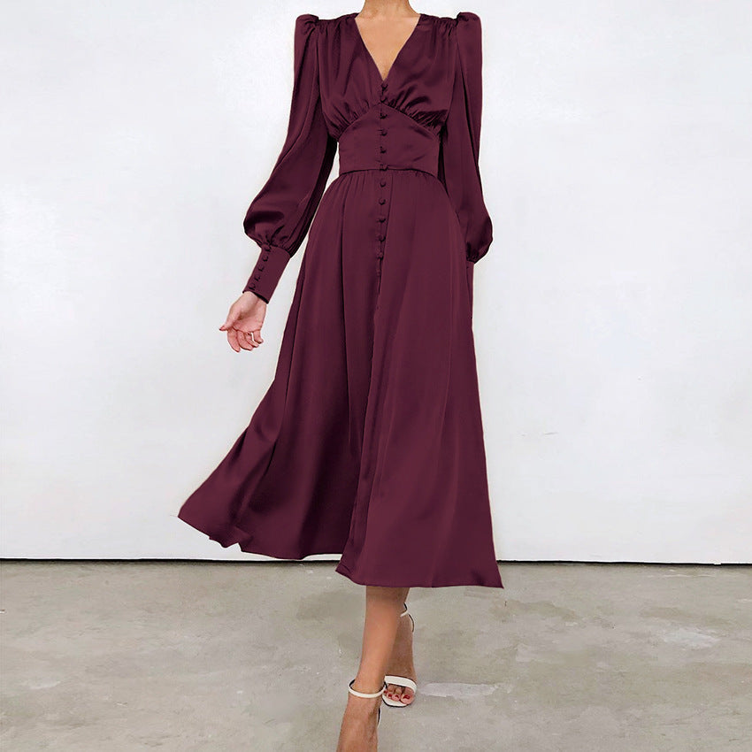 Elegante damesjurk met lange mouwen | Klassieke A-lijn midi jurk met knoopsluiting