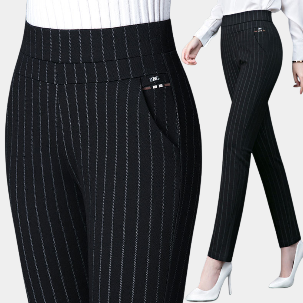 Dames broek met hoge taille | Zwarte effen of krijtstreep pantalon