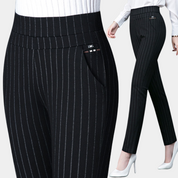 Dames broek met hoge taille | Zwarte effen of krijtstreep pantalon