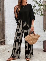 Ladies summer set asymmetrical shirt with striped pants with dots