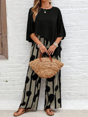 Ladies summer set asymmetrical shirt with striped pants with dots
