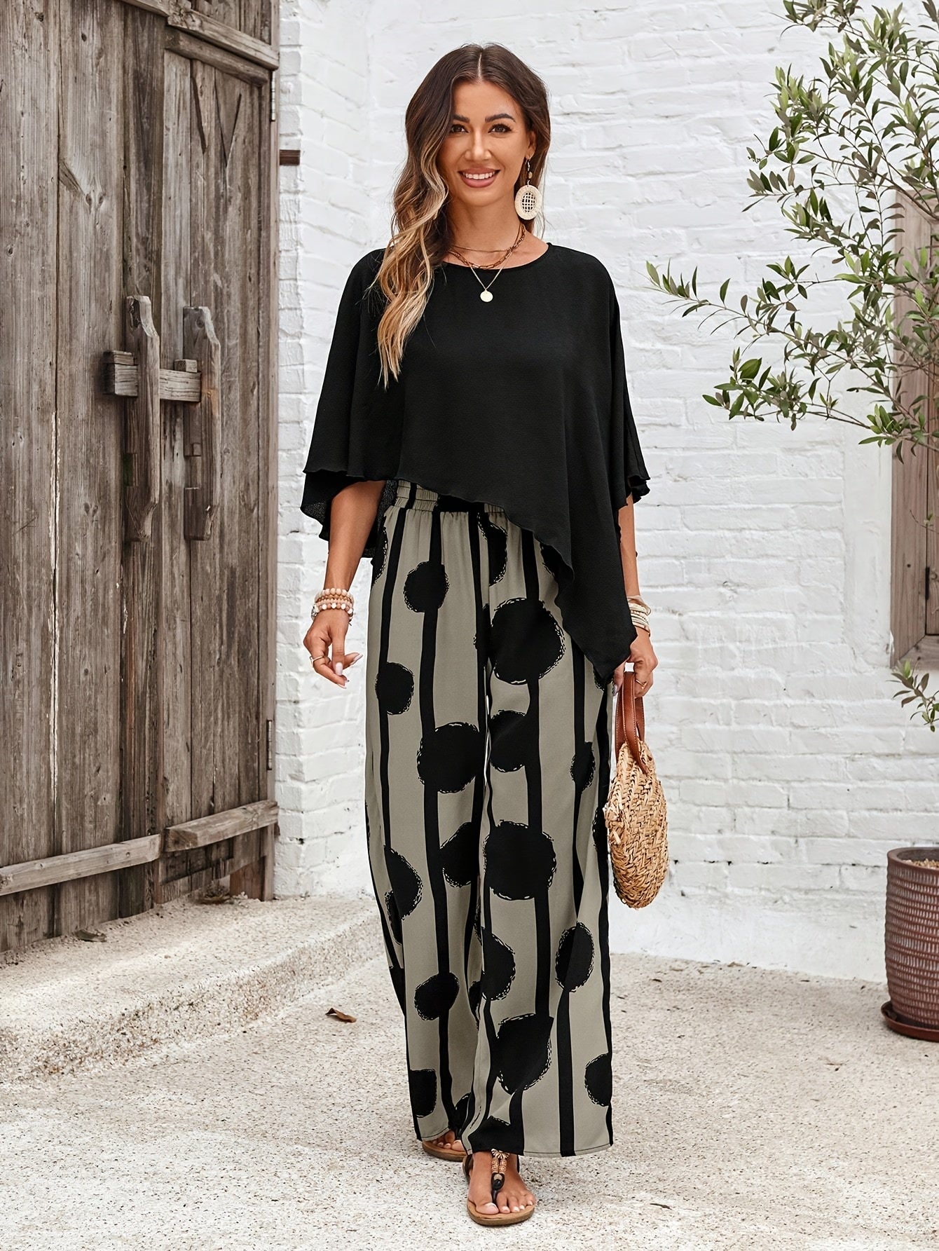 Ladies summer set asymmetrical shirt with striped pants with dots
