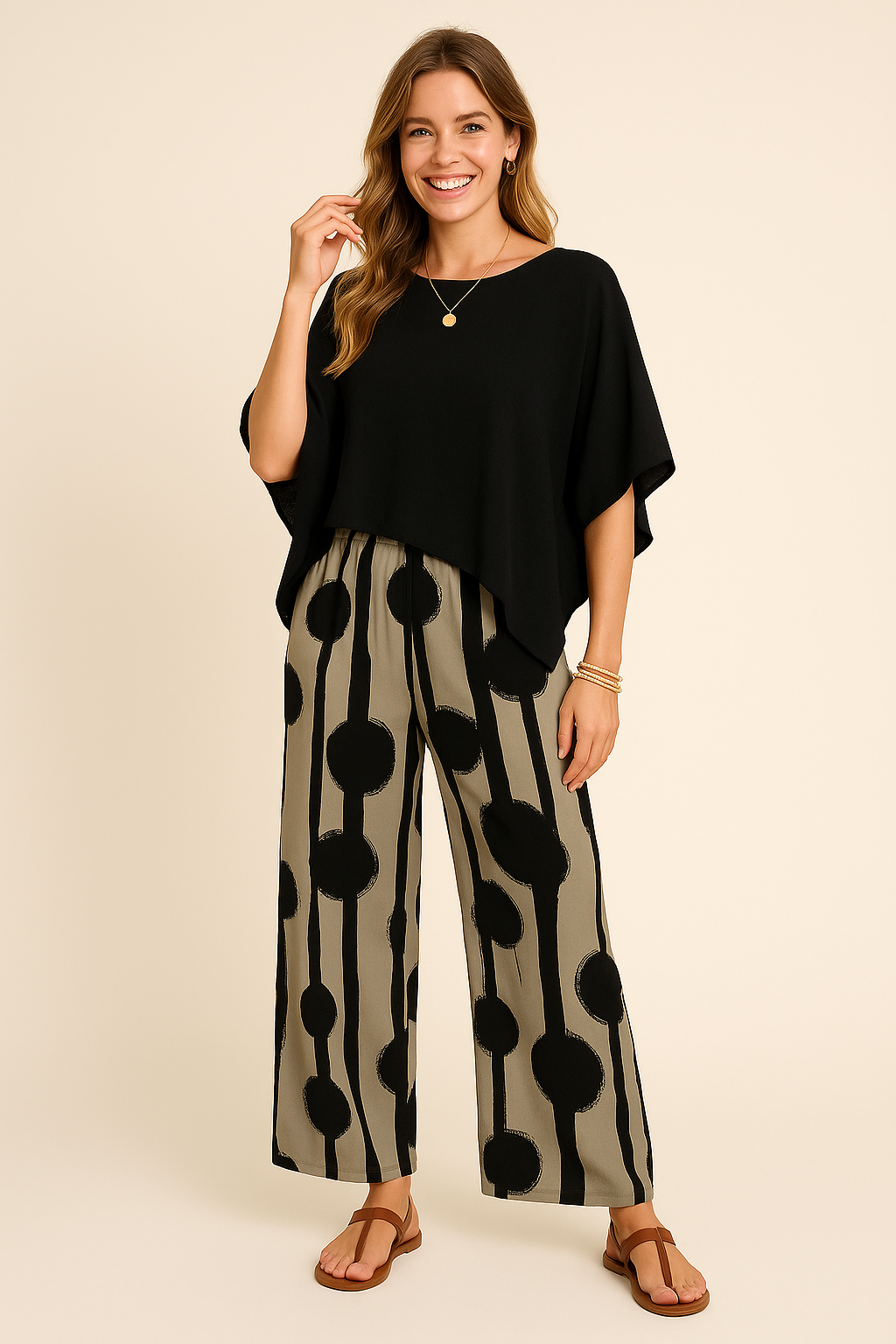 Ladies summer set asymmetrical shirt with striped pants with dots