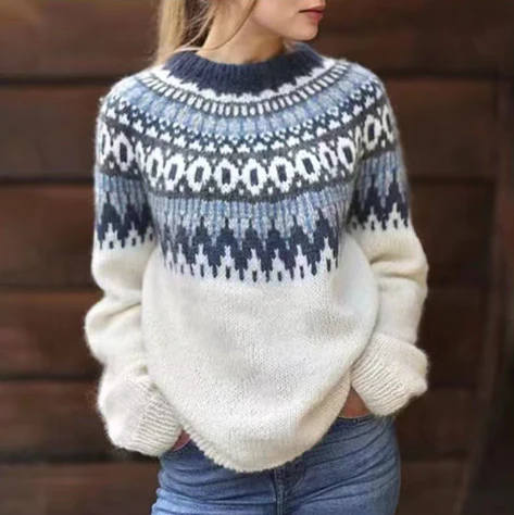 Dames Gebreide Trui Noors Patroon | Loose Fit met Hoge Ronde Hals