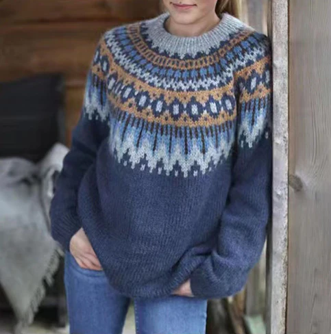 Dames Gebreide Trui Noors Patroon | Loose Fit met Hoge Ronde Hals