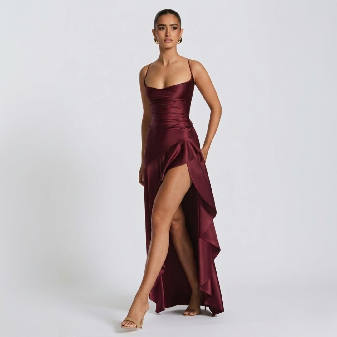 Satijnen Maxi Jurk met Split en Gekruiste Rug | Avondjurk