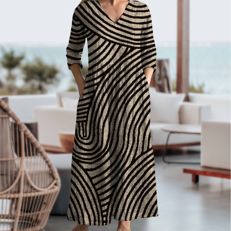 Dames Maxi Jurk Abstracte Golvende Print | Lange Jurk met V-Hals en Zakken
