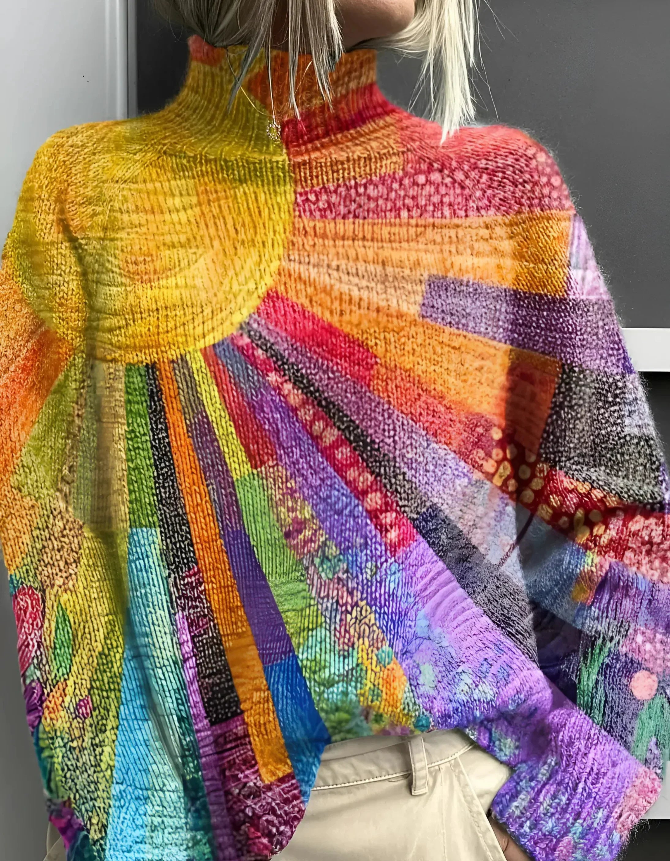Dames Trui Hoge Hals Artistieke Print | Kleurrijke Gebreide Pullover