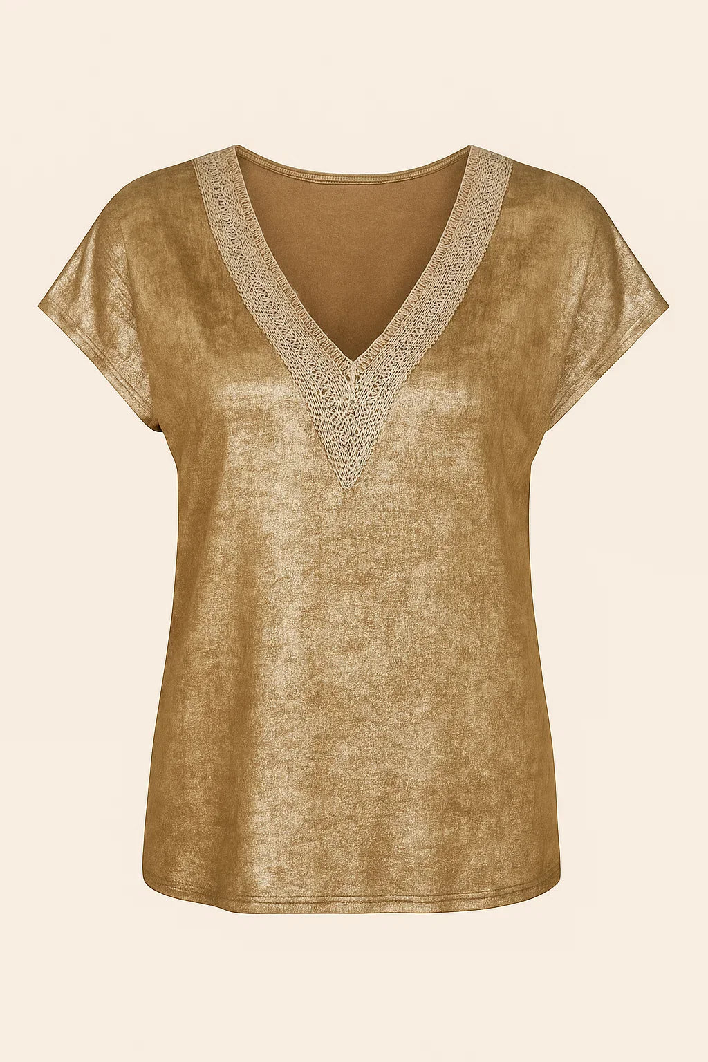Women's gold blouse with V-neck and foil print short sleeves