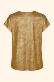 Women's gold blouse with V-neck and foil print short sleeves