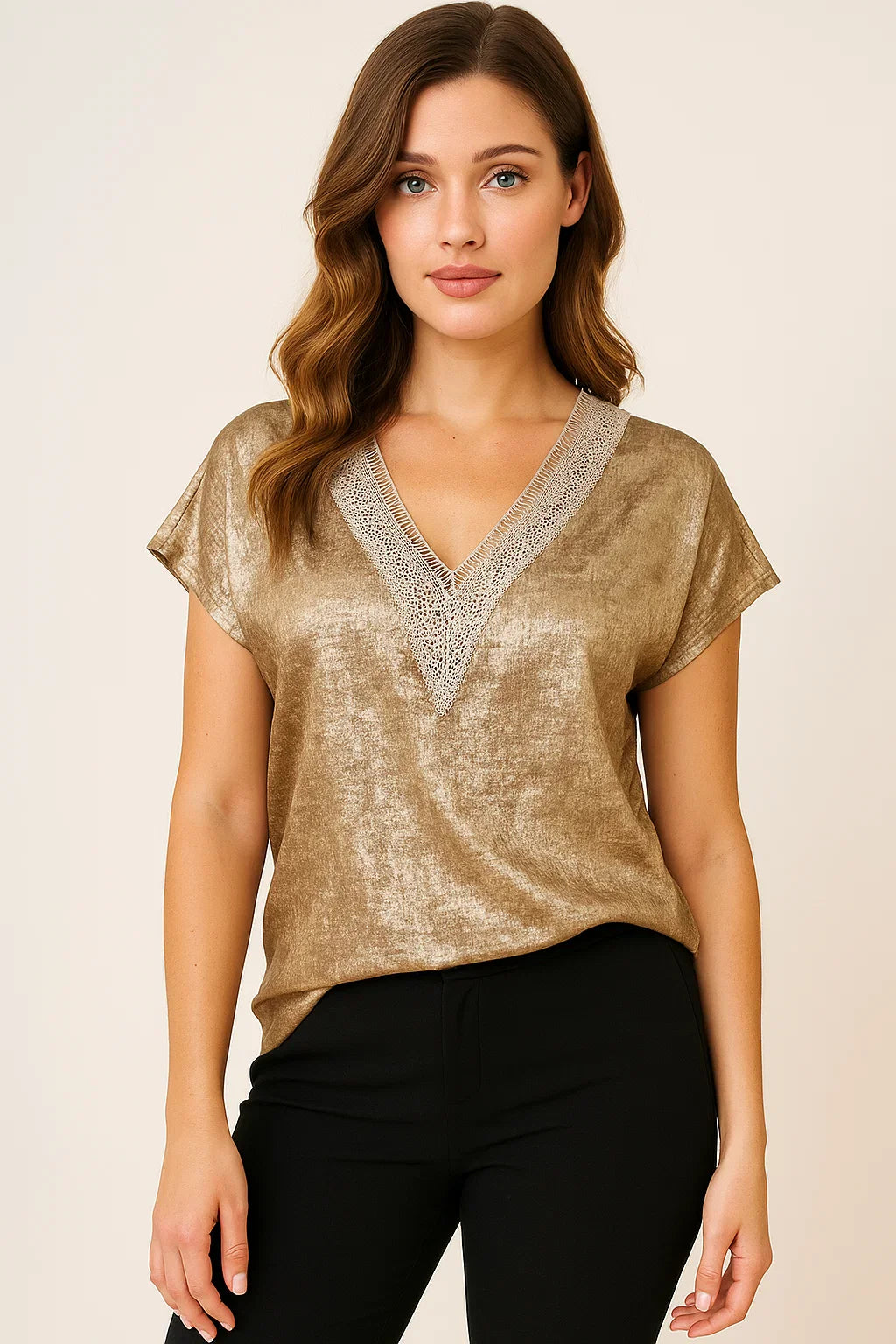 Women's gold blouse with V-neck and foil print short sleeves