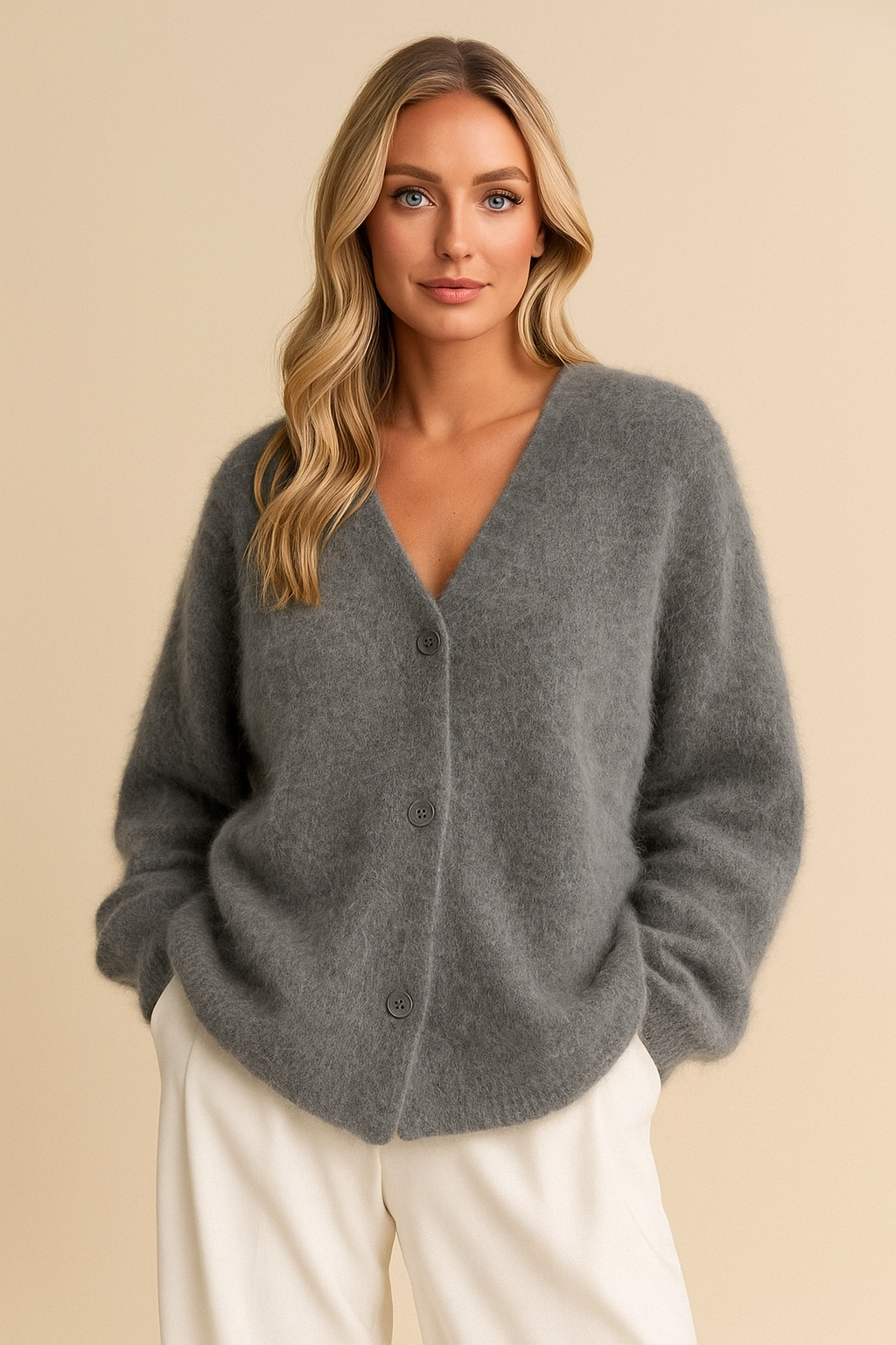Fluffy oversized dames cardigan | Pluizig gebreid vest met v-hals