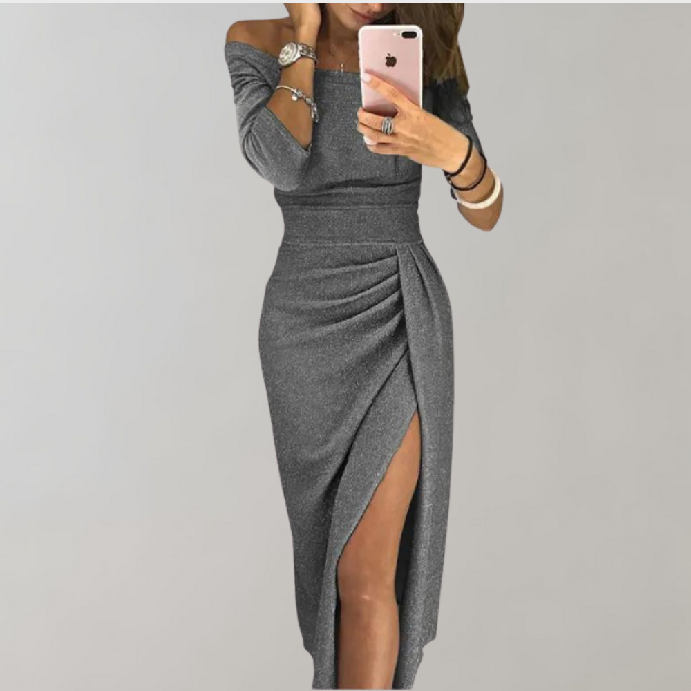 Glitterende Dames Avondjurk Off-Shoulder | Midi Lengte met Hoge Split