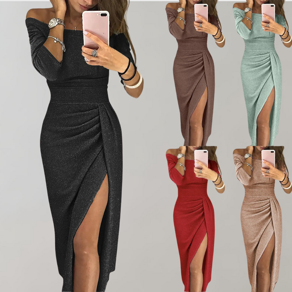 Glitterende Dames Avondjurk Off-Shoulder | Midi Lengte met Hoge Split