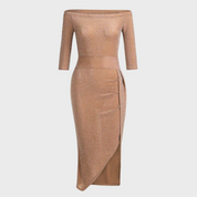Glitterende Dames Avondjurk Off-Shoulder | Midi Lengte met Hoge Split
