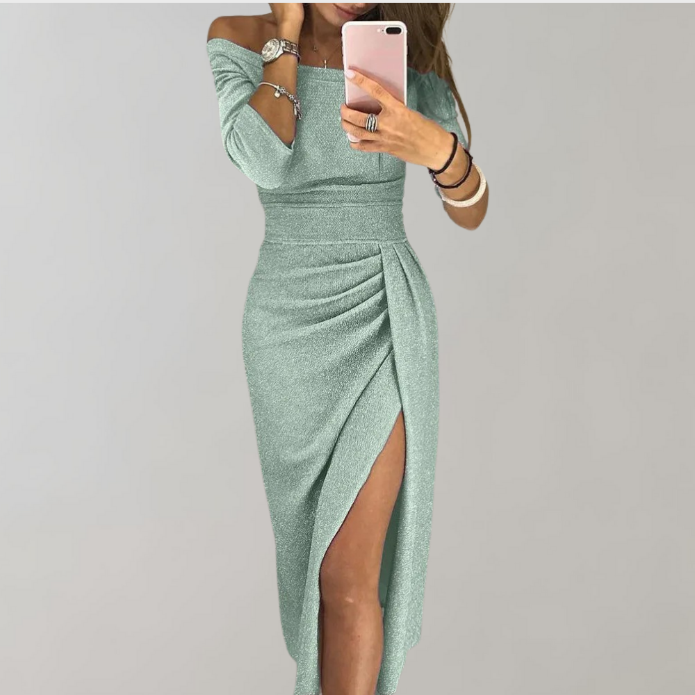 Glitterende Dames Avondjurk Off-Shoulder | Midi Lengte met Hoge Split