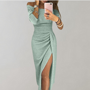 Glitterende Dames Avondjurk Off-Shoulder | Midi Lengte met Hoge Split