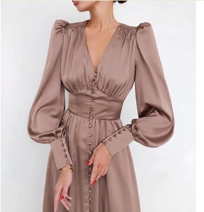 Elegante damesjurk met lange mouwen | Klassieke A-lijn midi jurk met knoopsluiting