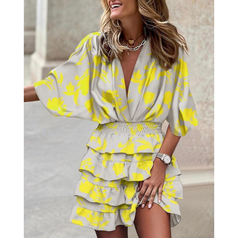 Dames zomerjurk met bloemenprint en elastische tailleband