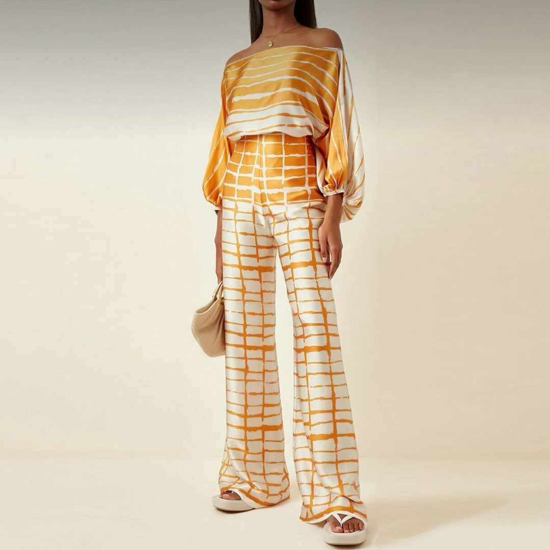Women's summer set off-shoulder top wide pants lantern sleeves