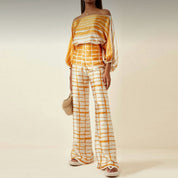 Women's summer set off-shoulder top wide pants lantern sleeves