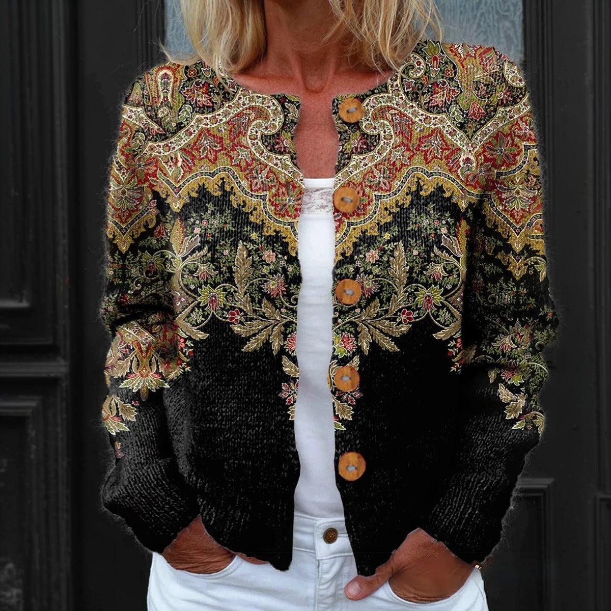 Gebreid dames cardigan bloemenmotief en knopen | Zwart, rood, beige