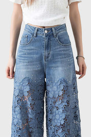 High waist dames jeans met kant borduurwerk | Wide Leg