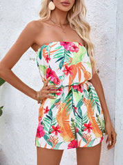 Dames zomer jumpsuit strapless met kort broekje en tropische print
