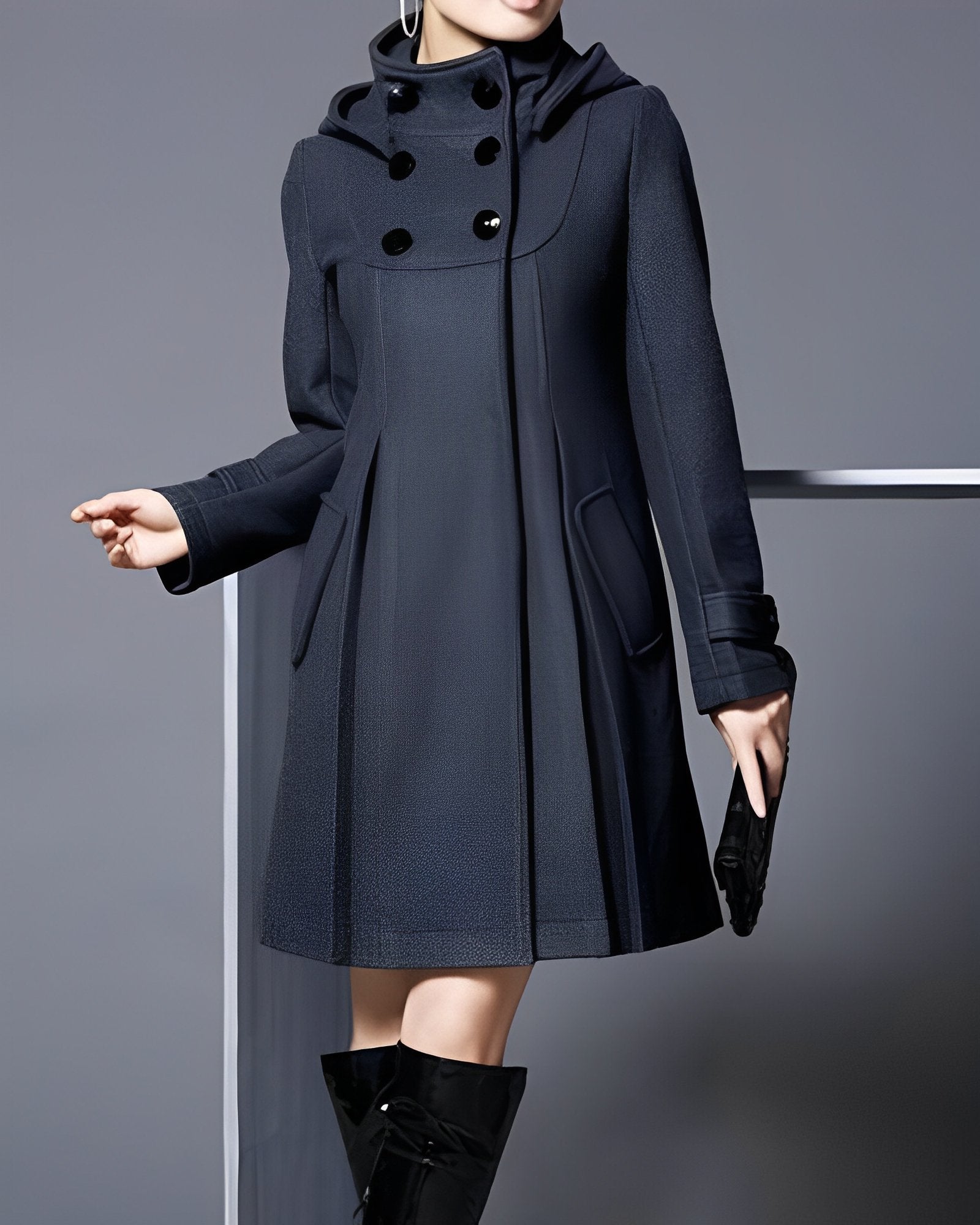Dames Overjas met Capuchon en Dubbele Rij Knopen | Getailleerd Model met Hoge Kraag