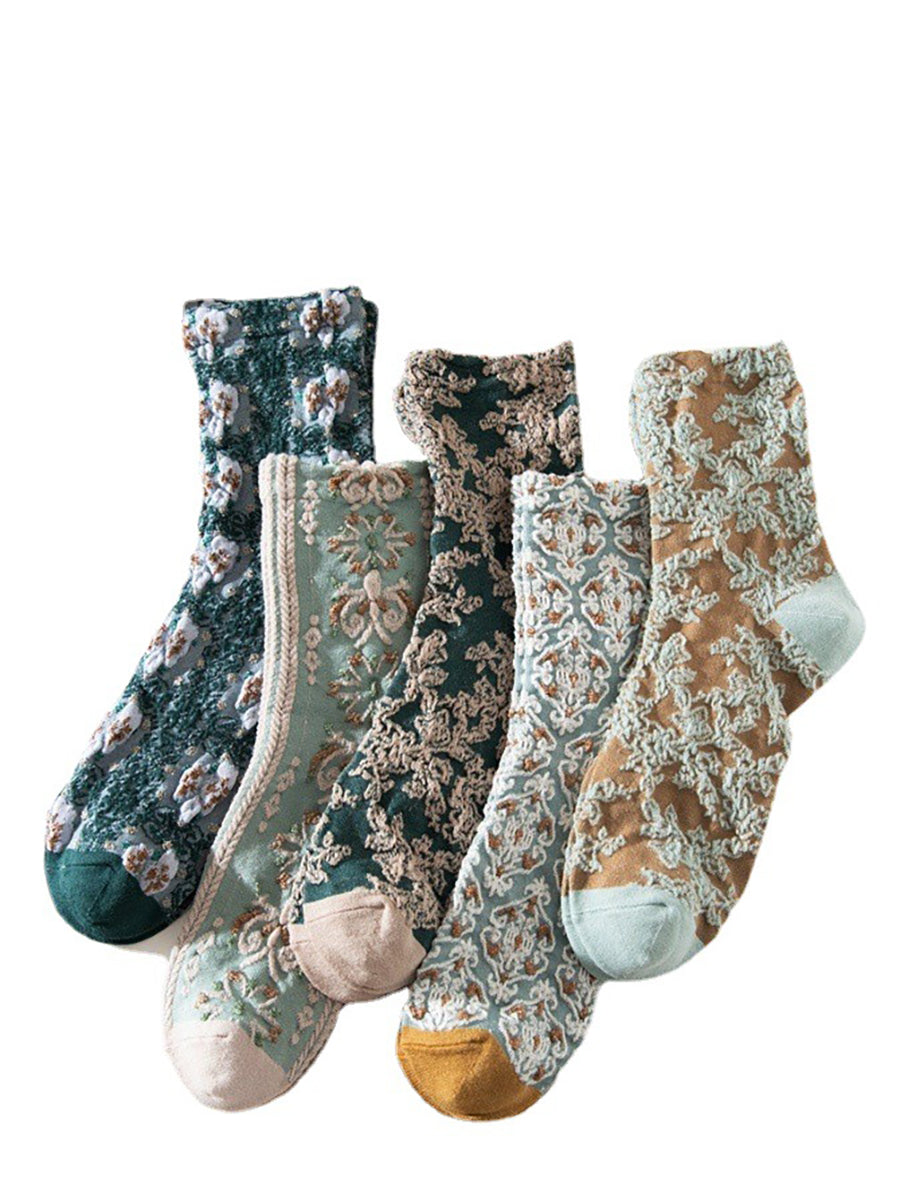 Dames Gebreide Sokken (5 Paar) | Bloemen Print Sokken | Winter Set | Ideaal als Cadeau