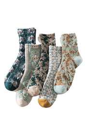 Dames Gebreide Sokken (5 Paar) | Bloemen Print Sokken | Winter Set | Ideaal als Cadeau