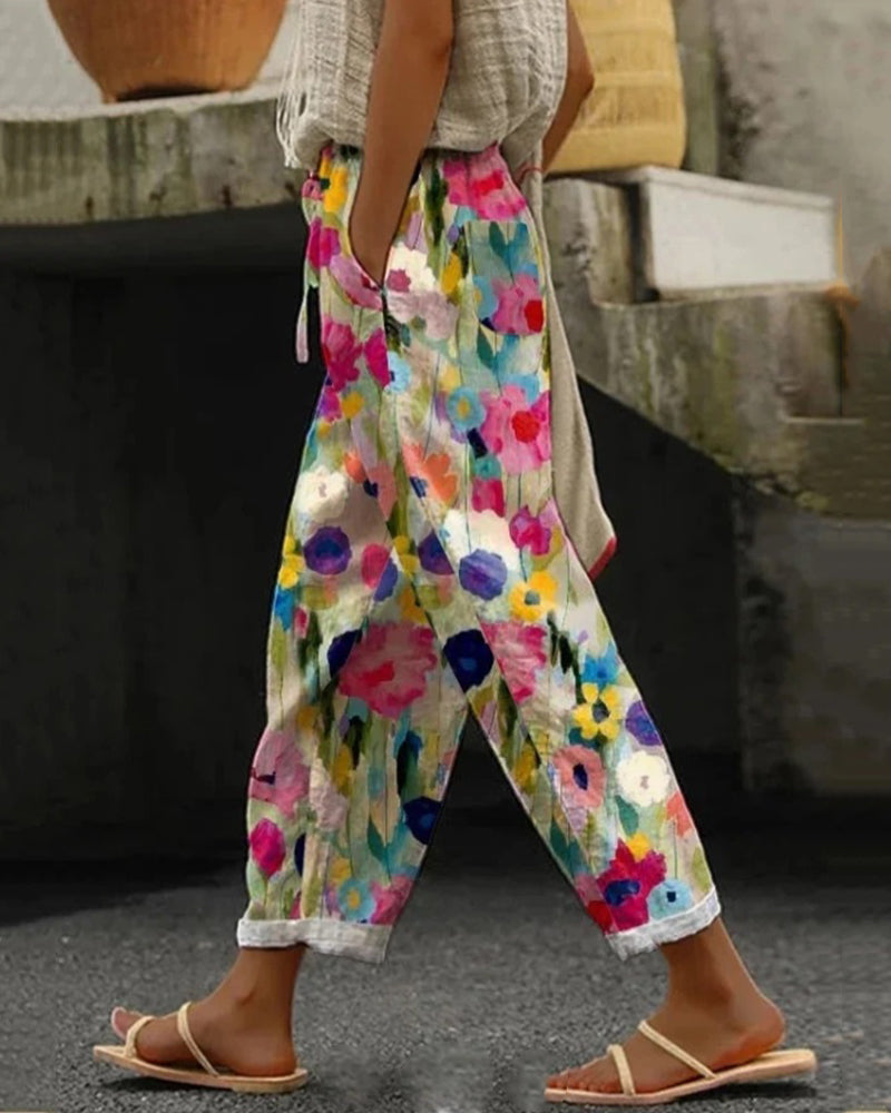 Dames broek | Losvallende bloemenprint broek met elastische taille