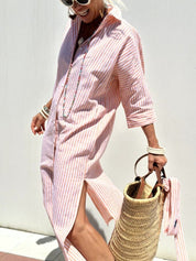 Dames Lange Overhemdjurk met Strepen | Shirt Dress met Knoopsluiting en Ceintuur