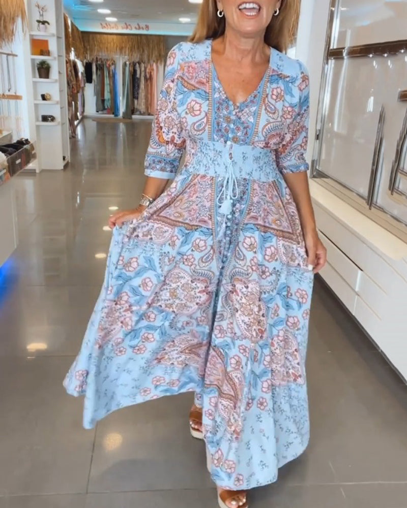 Dames Maxi Jurk Boho Print | Lange Jurk met V-Hals en Gesmokte Taille