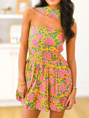Dames zomerjurk met halternek en bloemenprint mini