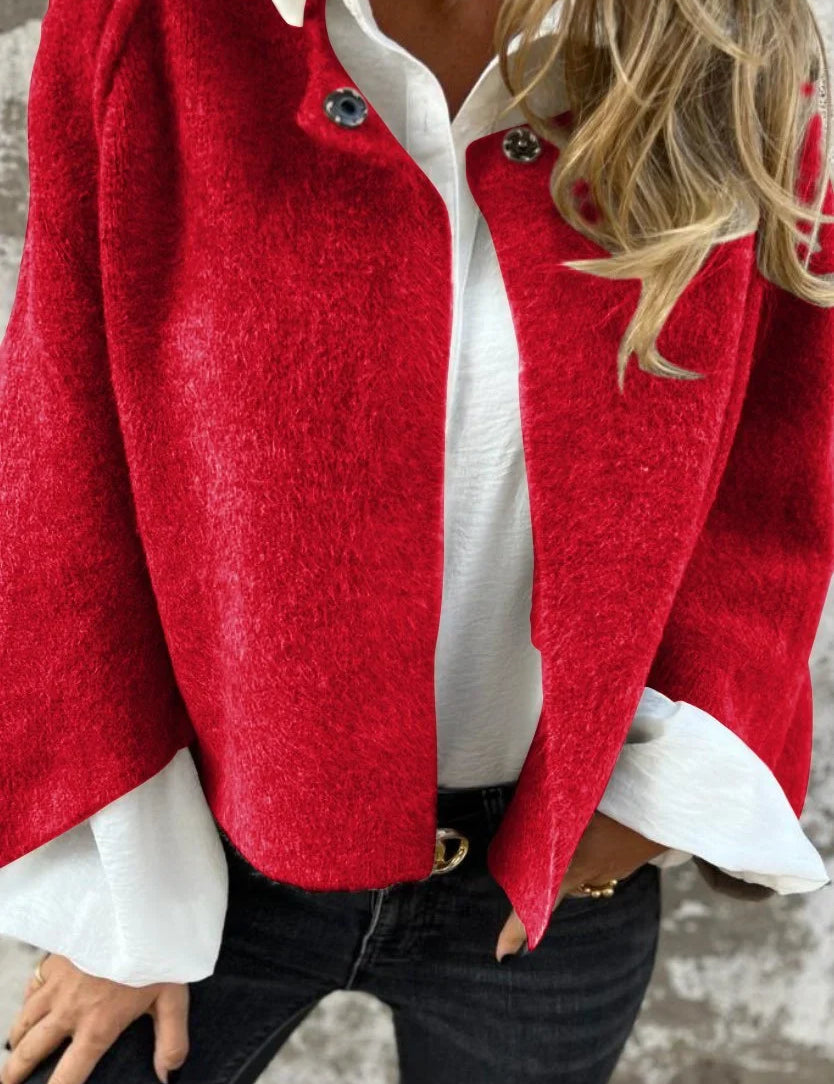Dames Kort Jack met Zachte Pluizige Textuur | Vest Stijl met Opstaande Hals