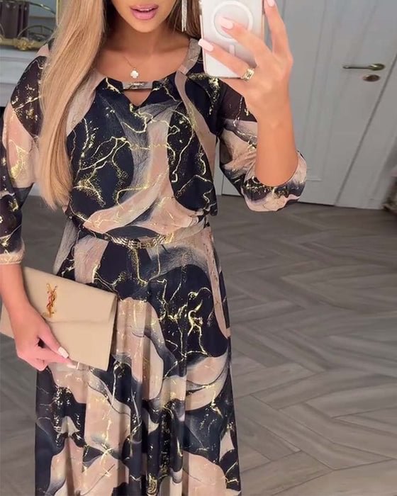 Dames maxzomerjurk A-lijn - Beige met zwarte print
