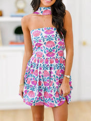 Dames zomerjurk met halternek en bloemenprint mini