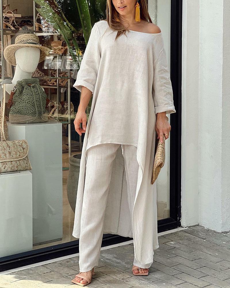 Women's summer set with maxi top and wide trousers - Off-shoulder